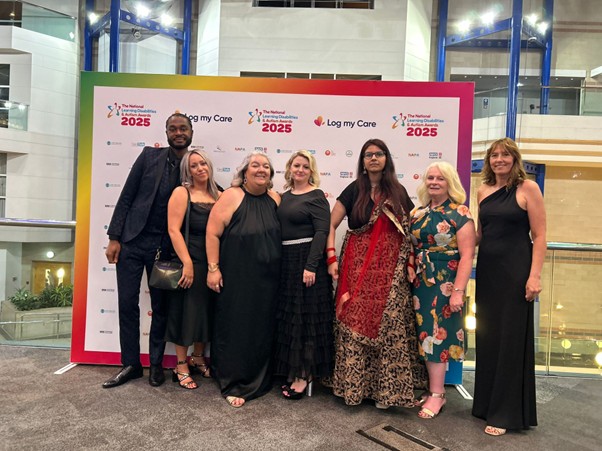 At the prestigious National Learning Disabilities and Autism Awards 2025 were Jamahl Steadman, Employment Support Worker, Rachel Evans, Supported Employment Work Coach, Emma Carless, Supported Employment Team Leader, Claire Peake, Supported Employment Work Coach, Natasha Chander, Lunchtime Assistant, Sue Lindup, Skills & Employability Manager, and Elisabeth Phipps, Admin and Compliance.